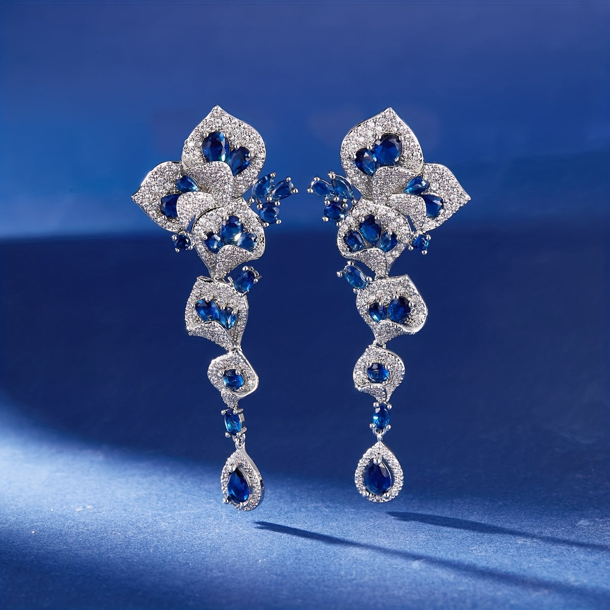 1 Pair Gorgeous Long Dangle Flower Earrings, Cubic Zirconia Earrings For Women, Party Prom Dress Jewelry, Birthday Holiday Gift