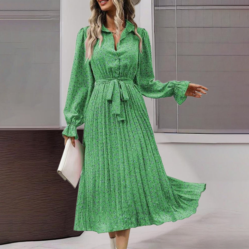 Long Sleeve V Neck Button Down Belted A-Line Flowy Midi Shirt Dress