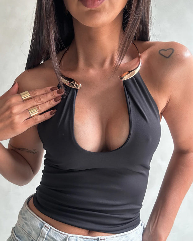 Metal Choker Halter Top With Waist Tie Detail