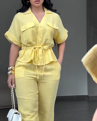 2 Piece Outfits Short Sleeve Drawstring Shirts and Wide Leg Pants With Pockets