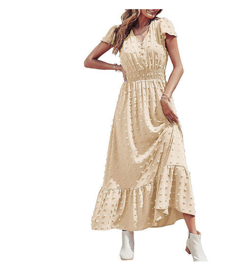 V-neck Short Sleeve Dress Fur-ball Design Tied High Waist Long Long Dresses