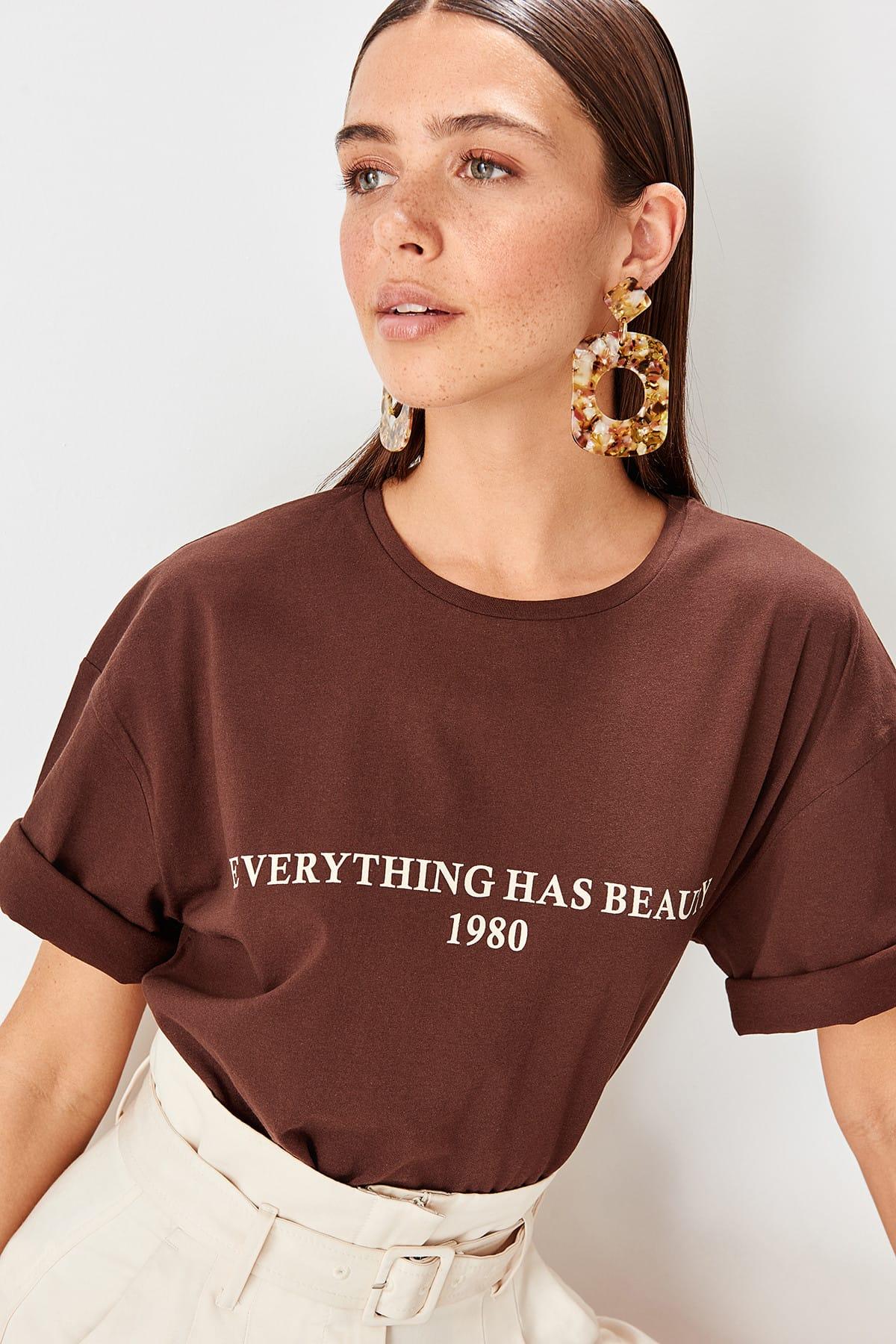 cotton t-shirts brown Printed top