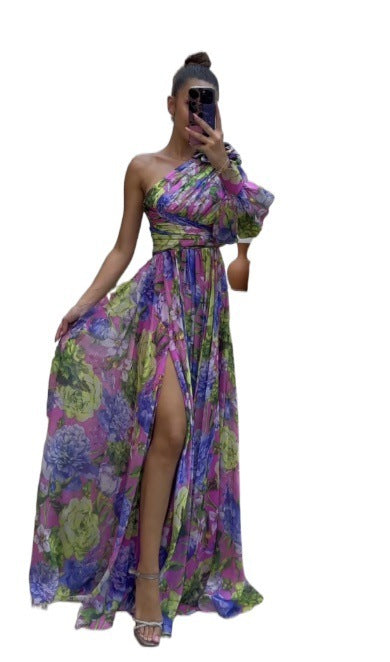 One-shoulder Long-sleeved Dress For Women