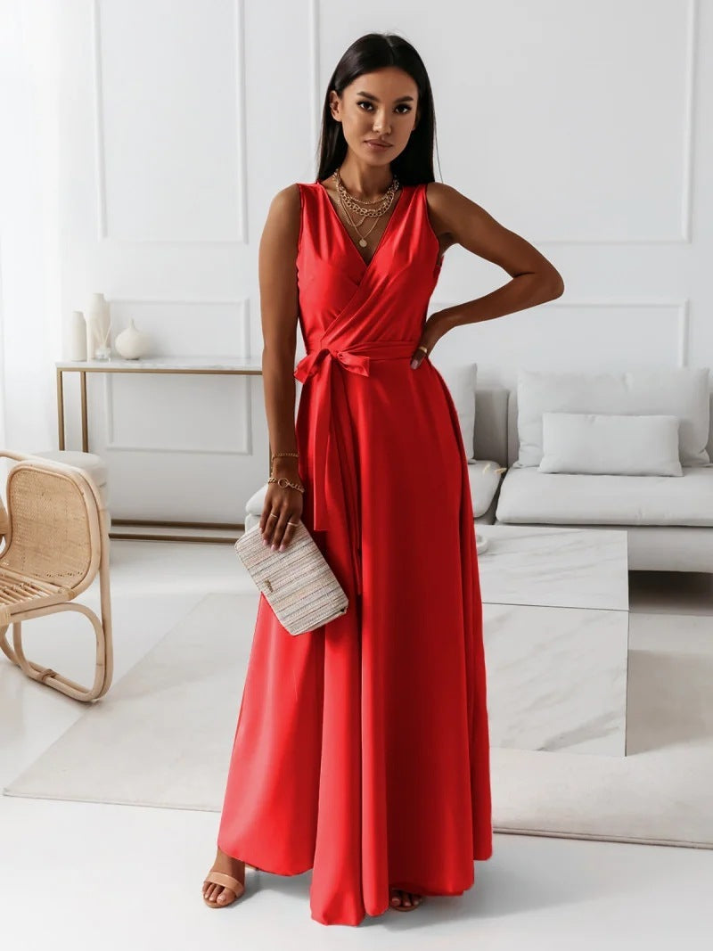 V-neck Sleeveless Dress With Belt Party Club Evening Maxi Dresses For Clothing
