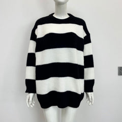 Round Neck Long Sleeve Knitted Black And White Stripes Contrast Color Wool Tops Women