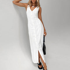 Commuter White Waisted Temperament Straight Split V-neck Cotton And Linen Dress
