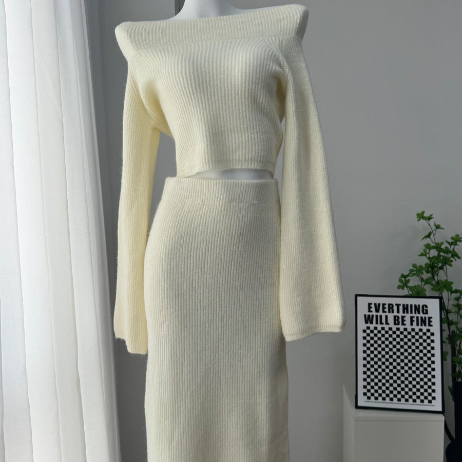 High-grade Off-shoulder Sweater Suit Bag Hip Bottoming Skirt