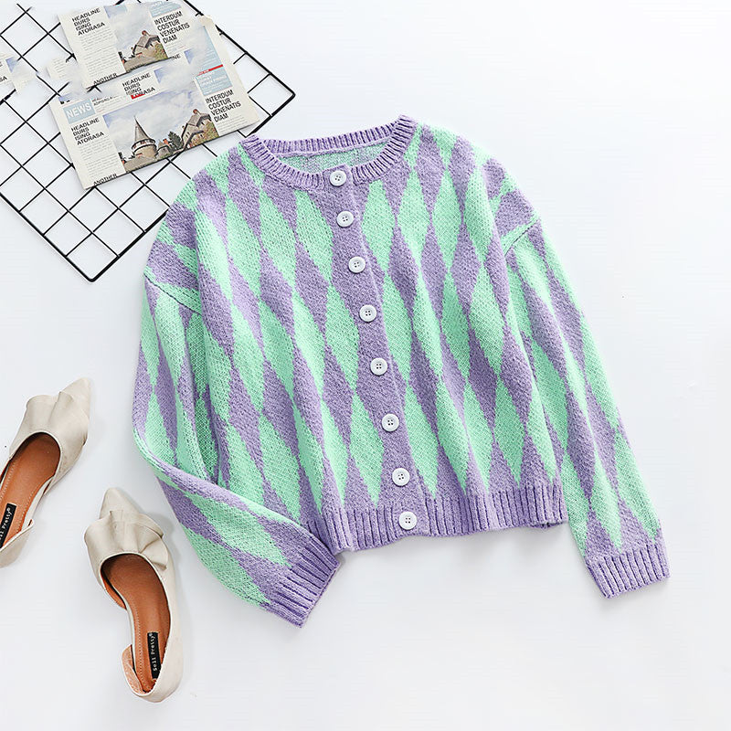 Sweater Single-breasted Printed Round Neck Knitted Cardigan Jacket