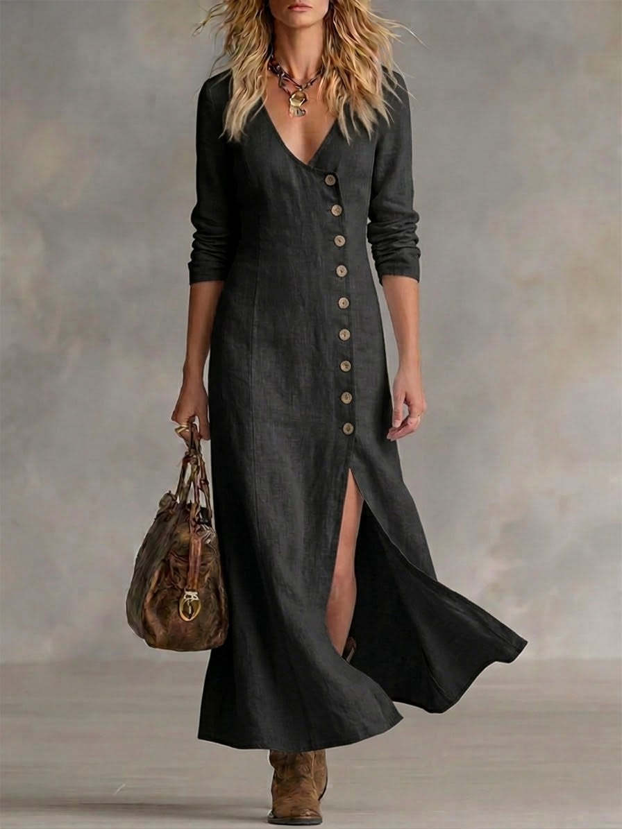 Casual Cotton-Linen Long-Sleeve Womens Dress