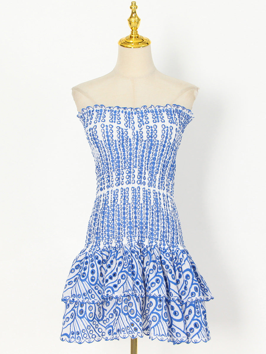 Y2K Tube Top Pleated Mini Dress â€?INS Printed A-Line Beach Party Dress for Women