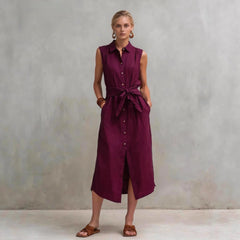 Casual Cotton-Linen Bag-Style Solid-Colored Sleeveless Dress