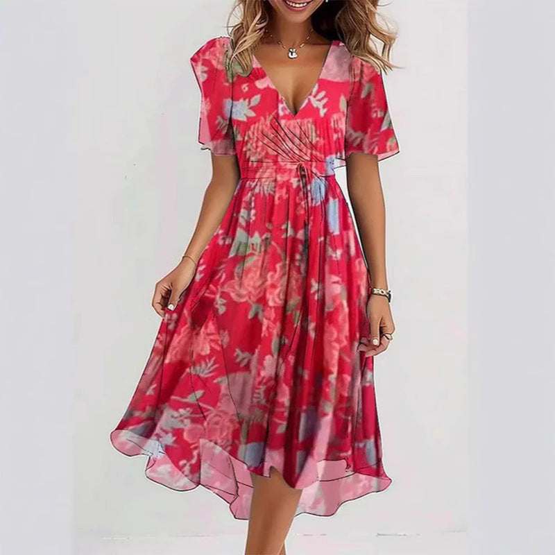 Flowers Printed V-neck Dress A-line Short-sleeved Dresses For Women
