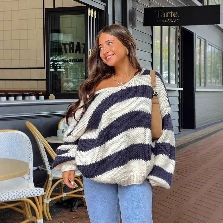Fall Casual Loose Knitted Sweater Oblique Shoulder