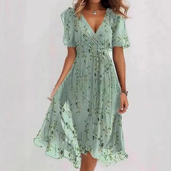 Flowers Printed V-neck Dress A-line Short-sleeved Dresses For Women