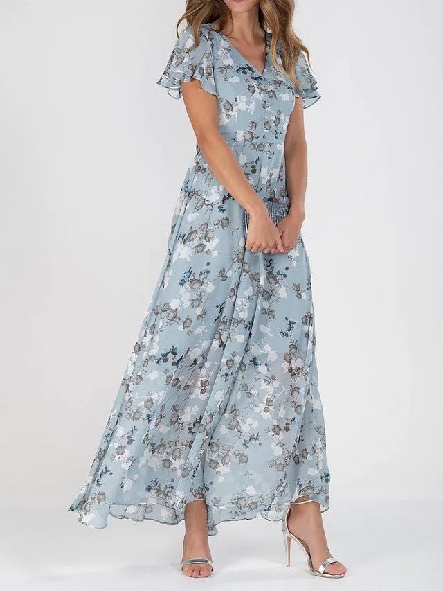 Flowers Print Short Sleeve Dress Ruffle Beach Dresses Clothing