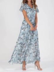 Flowers Print Short Sleeve Dress Ruffle Beach Dresses Clothing