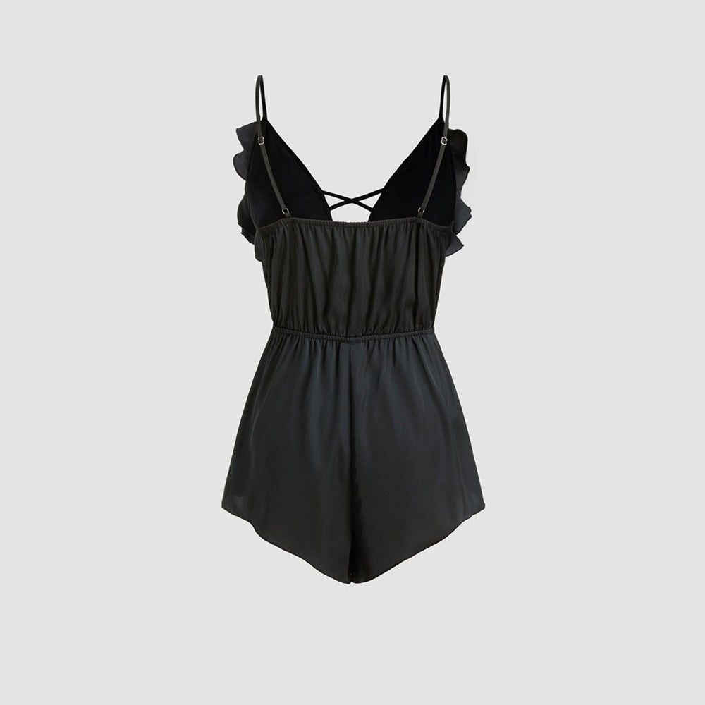 Style Camisole Homewear Jumpsuit Deep V-neck With Ruffles, Comfortable Top For Women