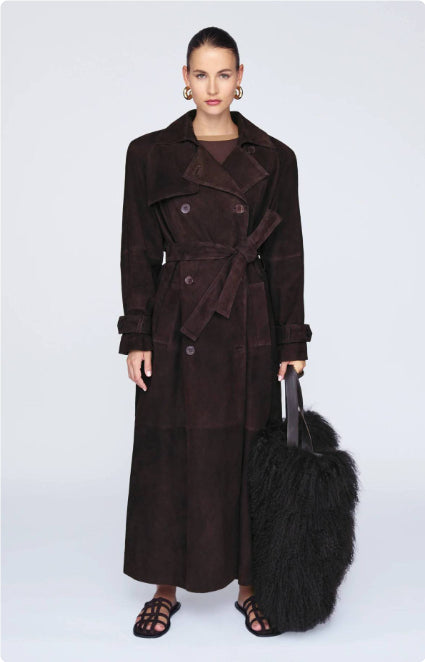Double Breasted Lapel Shift Coat With Belt Vintage Suede Long Coat Outwear Clothing