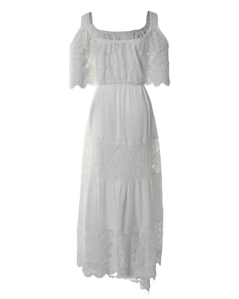 Casual Off-the-shoulder Lace Stitching Cotton And Linen Tied Dress