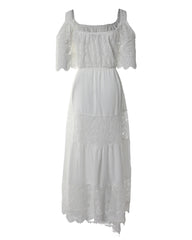 Casual Off-the-shoulder Lace Stitching Cotton And Linen Tied Dress