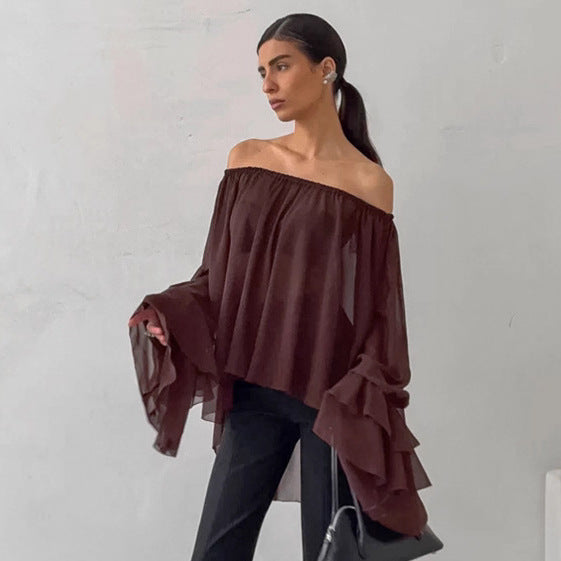 Dark Brown Off-shoulder Ruffle Top Thin Long Sleeve Chiffon Shirt