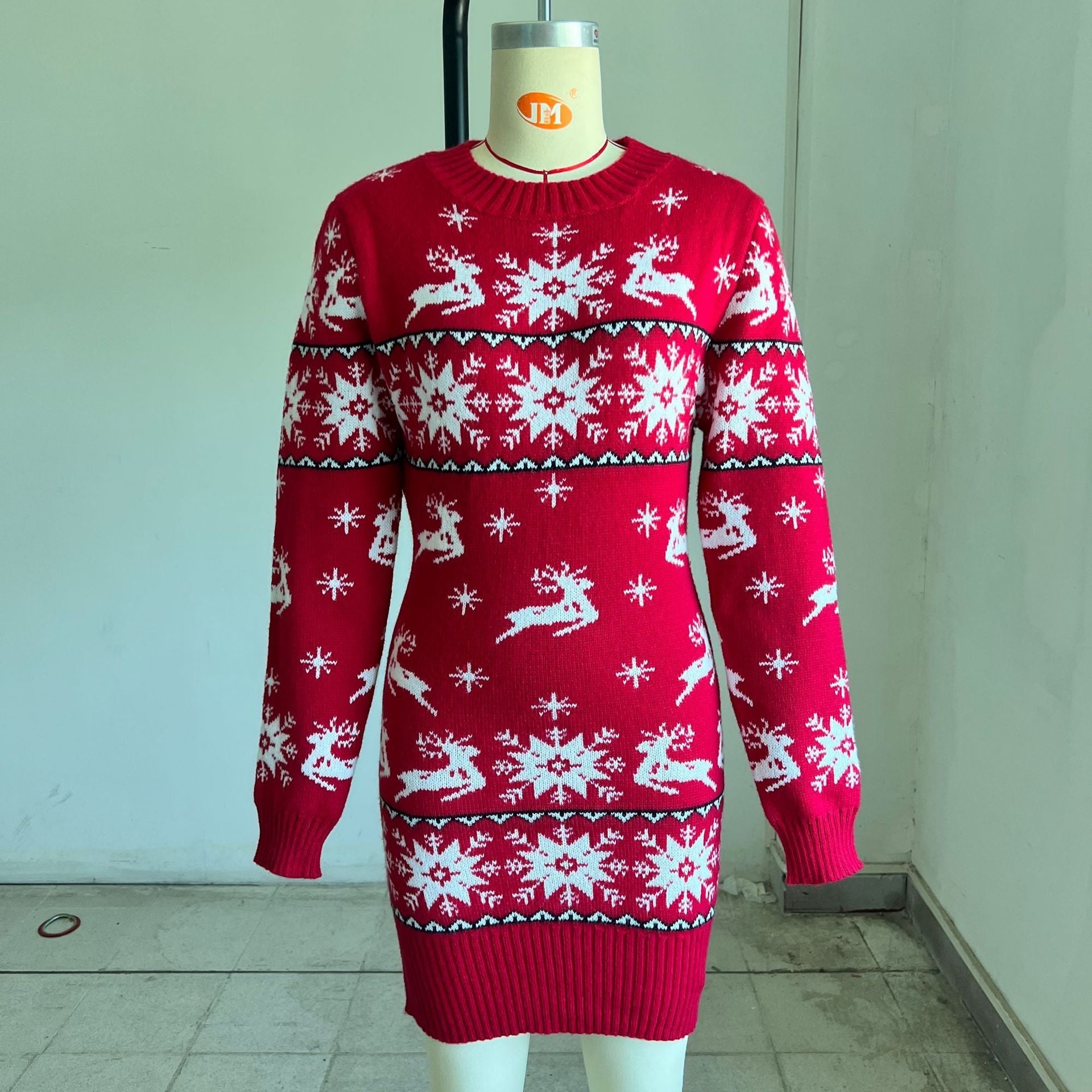 Elk Christmas Tree Jacquard Long Sleeve Dress Sweater