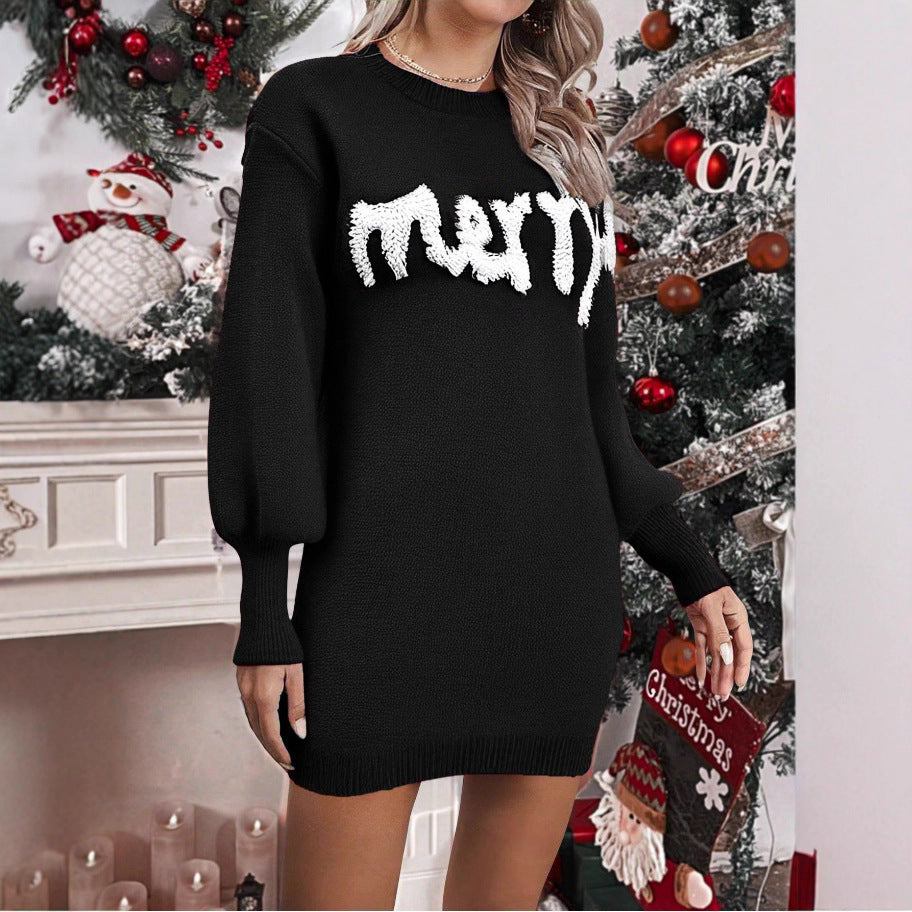 Knitted Round Neck Lantern Sleeve Pullover Sheath Dress