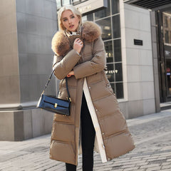 Slim Long Jacket With Fur Hood And Belt Solid Hooded Coat Warm Clothing For Women
