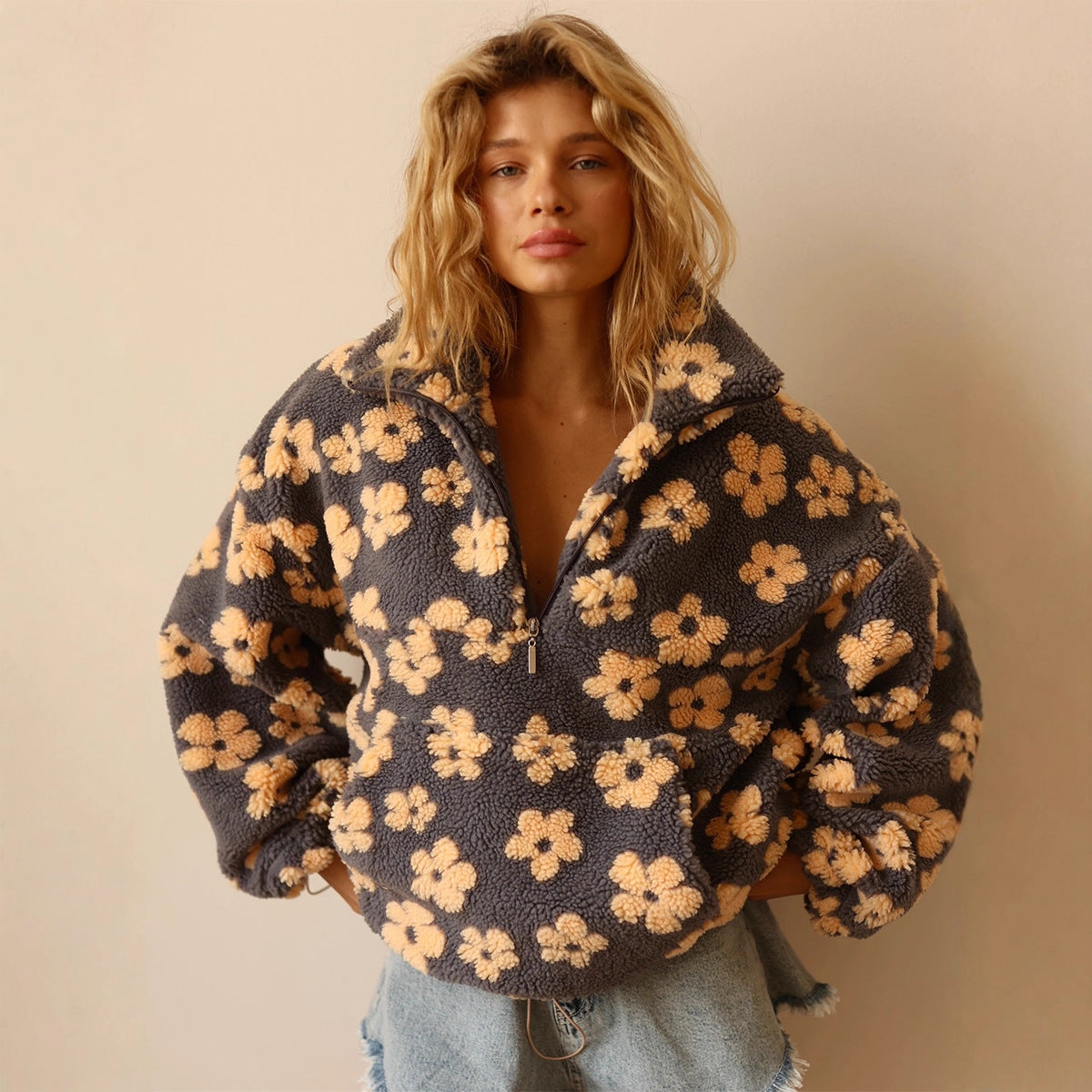 Flowers Lambskin Sweatshirt With Big Pocket Casual Loose Zip-up Lapel Pullover Top Clothing