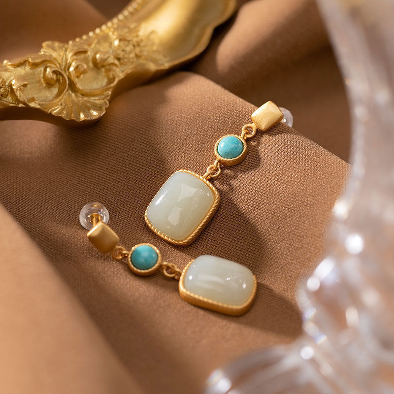Square Hetian Jade Ear Studs Women