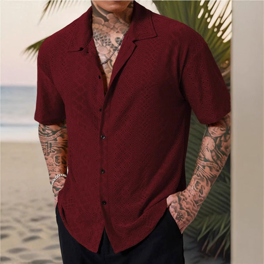 Mens Versatile Hollow-Out Jacquard Casual Shirt