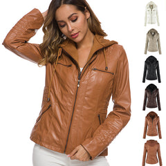 Detachable Hooded Jacket With Pockets Casual Solid Color Zipper Long Sleeve Leather Coat Clothing