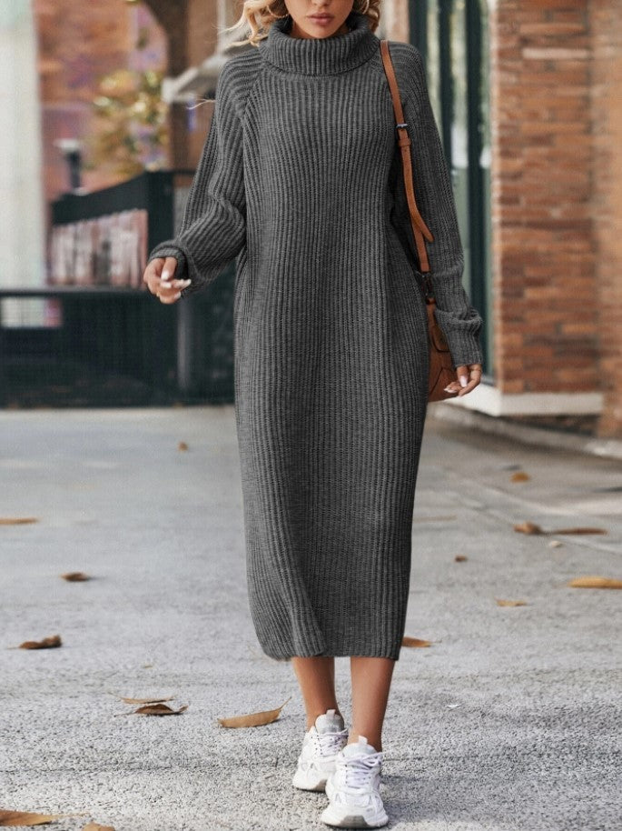 Turtleneck Knitted Sweater Dress Solid Loose Pullover Long Dresses For Clothing
