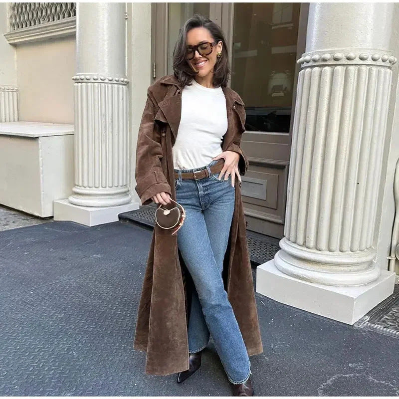 Double Breasted Lapel Shift Coat With Belt Vintage Suede Long Coat Outwear Clothing