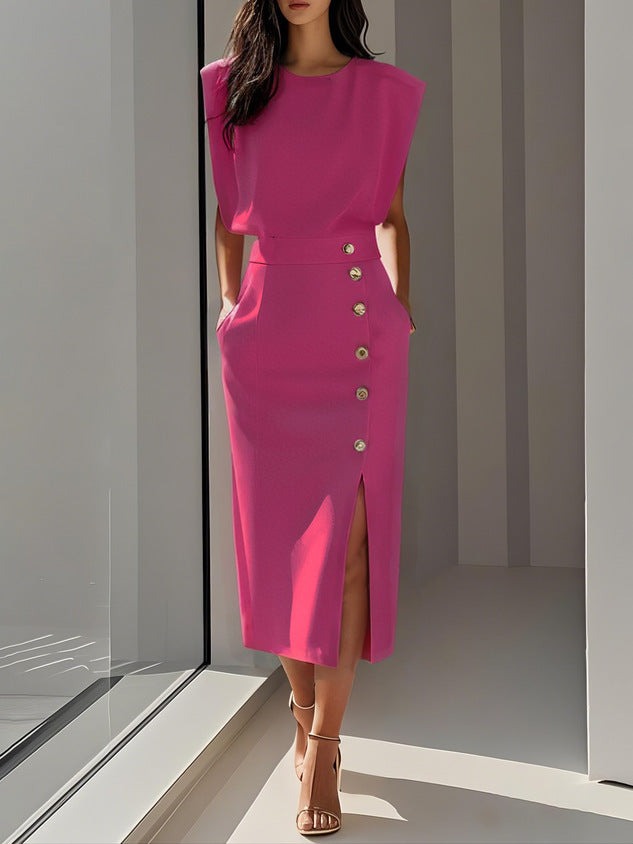 Split Metal Button Dress Women