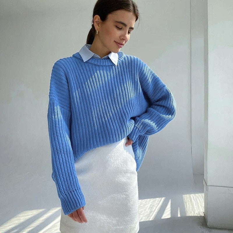 And Loose-fitting Casual Round-neck Solid Color Sweaters Coat