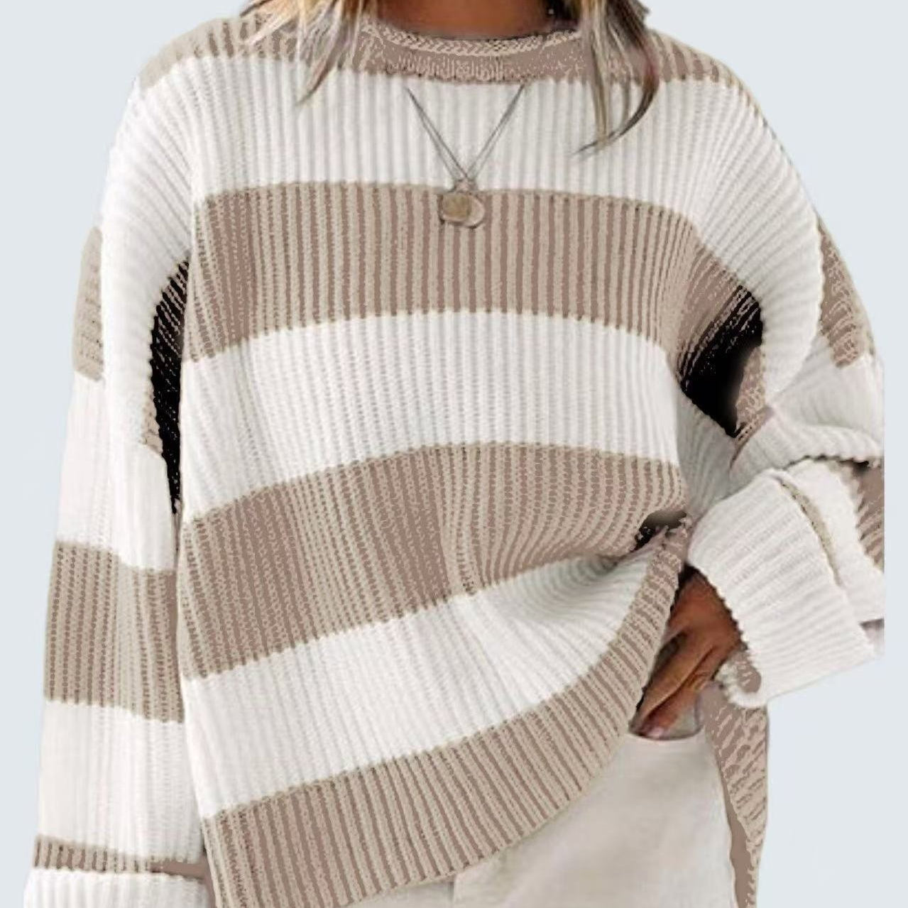 Loose Striped Sweater Casual Long Batwing Sleeve Round Neck Pullover Knit Tops Clothing