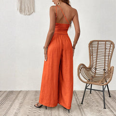 Solid Color Wide-leg Thin One-shoulder Jumpsuit