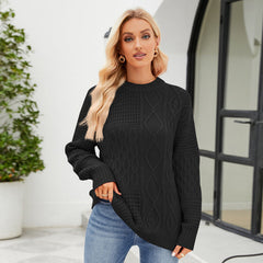 Casual Round-neck Pullover Sweater Fall Solid Color Cable-knot Pattern Tops Clothing