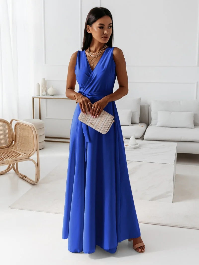 V-neck Sleeveless Dress With Belt Party Club Evening Maxi Dresses For Clothing