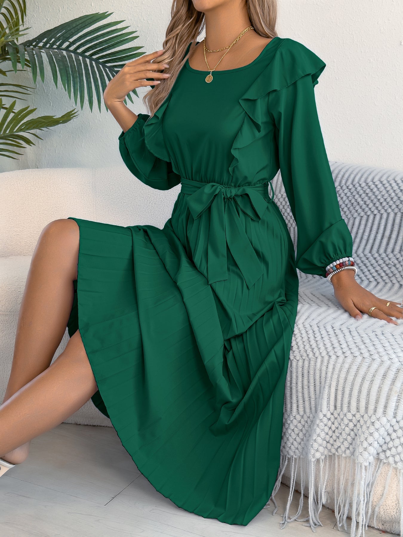 Elegant Ruffle Trim Square Neck Long Sleeve Tie Waist Pleated Dress