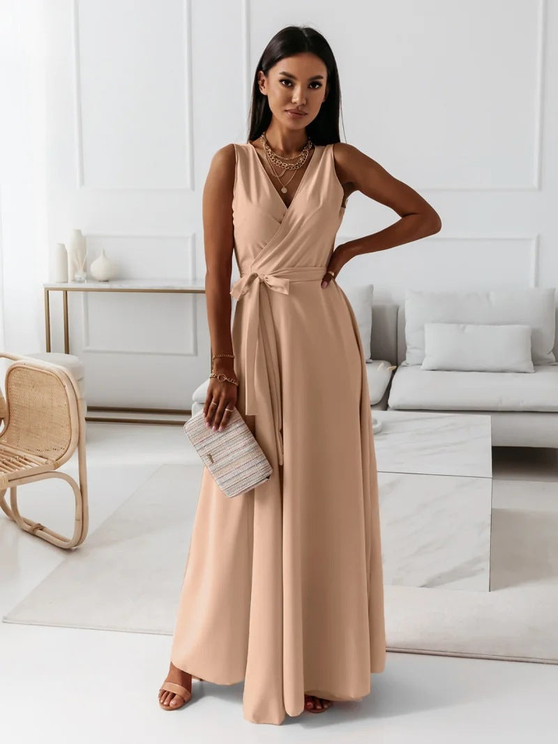 V-neck Sleeveless Dress With Belt Party Club Evening Maxi Dresses For Clothing