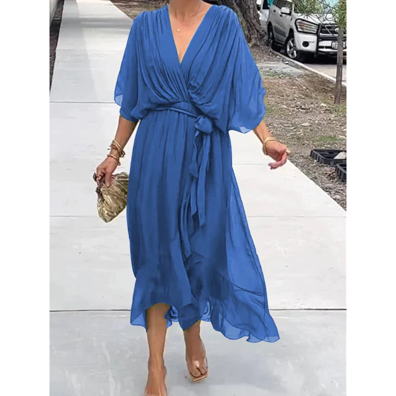 Batwing Sleeve V-neck Dress Pure Color Tied Irregular Long Dresses Womens Clothing