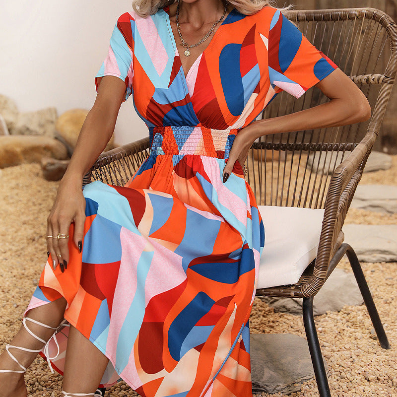 Floral Print Short Sleeved V-neck Pullover High Waisted Dress A-line Skirt Mid Length Skirt