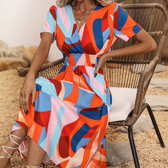 Floral Print Short Sleeved V-neck Pullover High Waisted Dress A-line Skirt Mid Length Skirt
