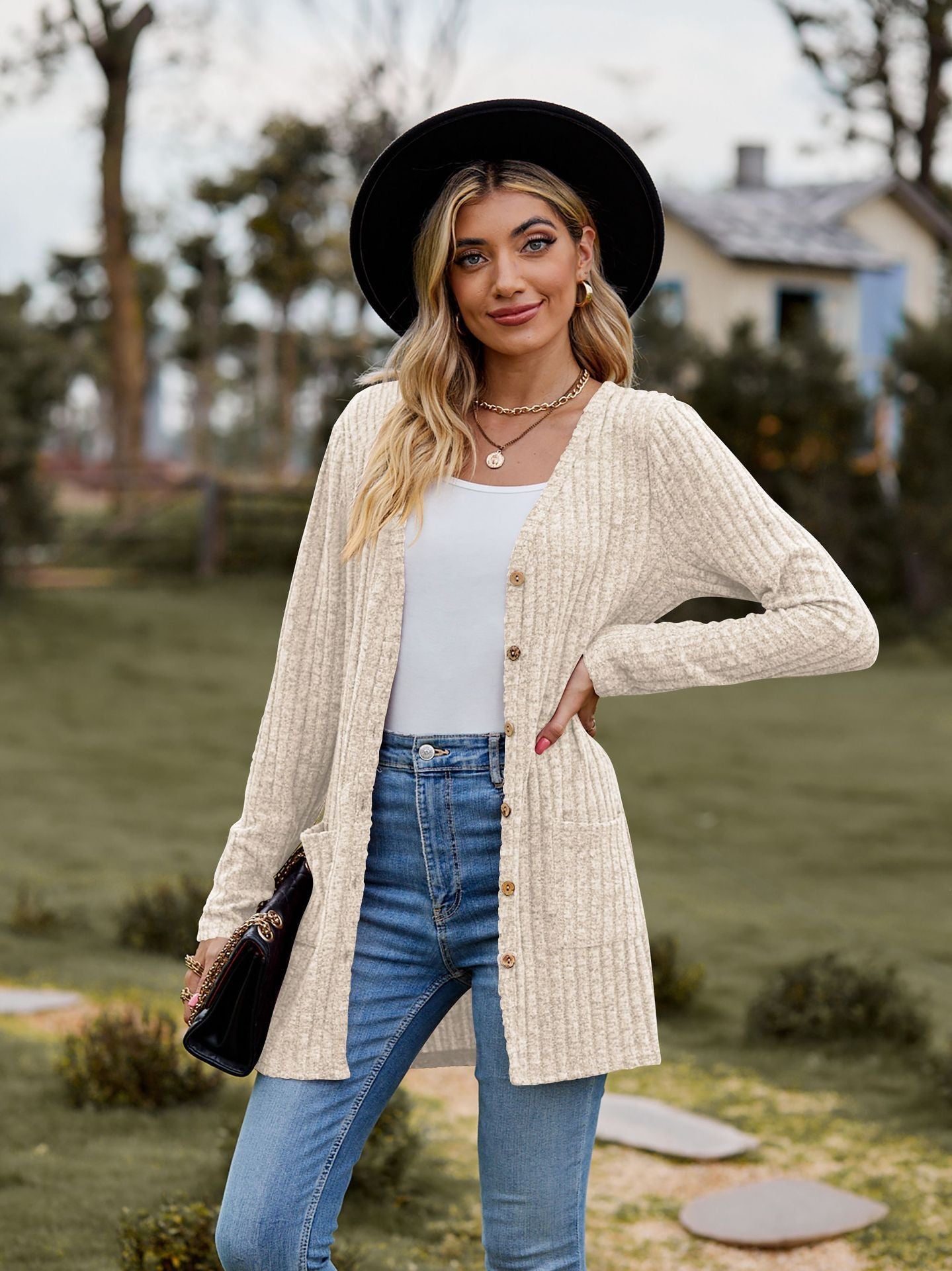 Fall Clothing Sunken Stripe Solid Color Long Sleeve Sweater