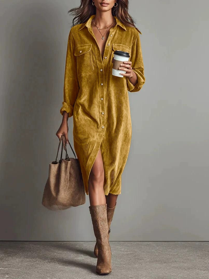 Turn-Down Collar Buttons Chic Casual Dress, Spring Solid Simple Party Dress, Long Sleeve Holiday Ladies Dress