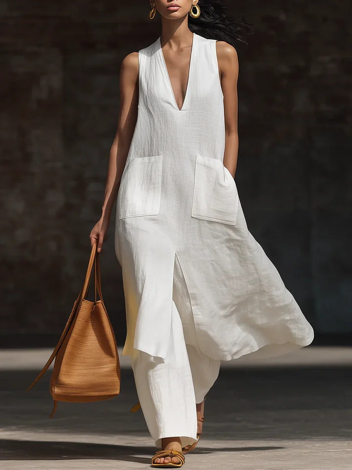 Casual Style V-Neck Sleeveless Dress Set