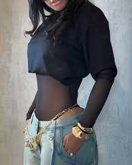 Mesh Bodysuit Short Sleeve T-Shirt 2-Piece Set