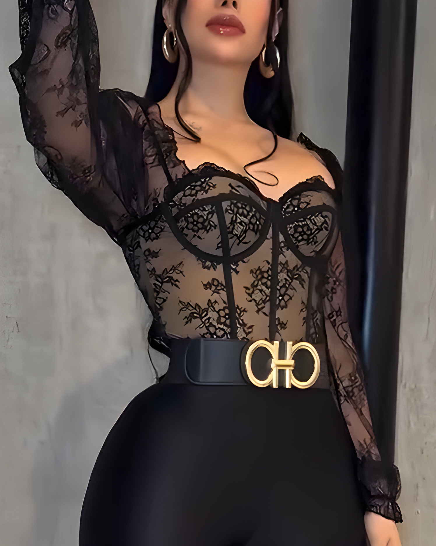 Long-Sleeved Mesh Lace Corset Top